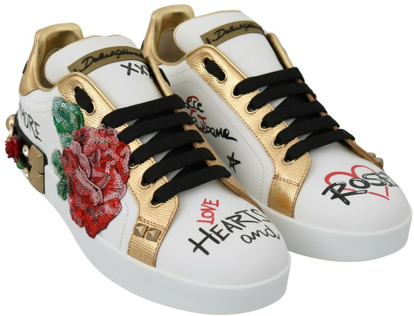 Dolce & Gabbana White Roses Sequined Crystal Womens Sneakers Shoes