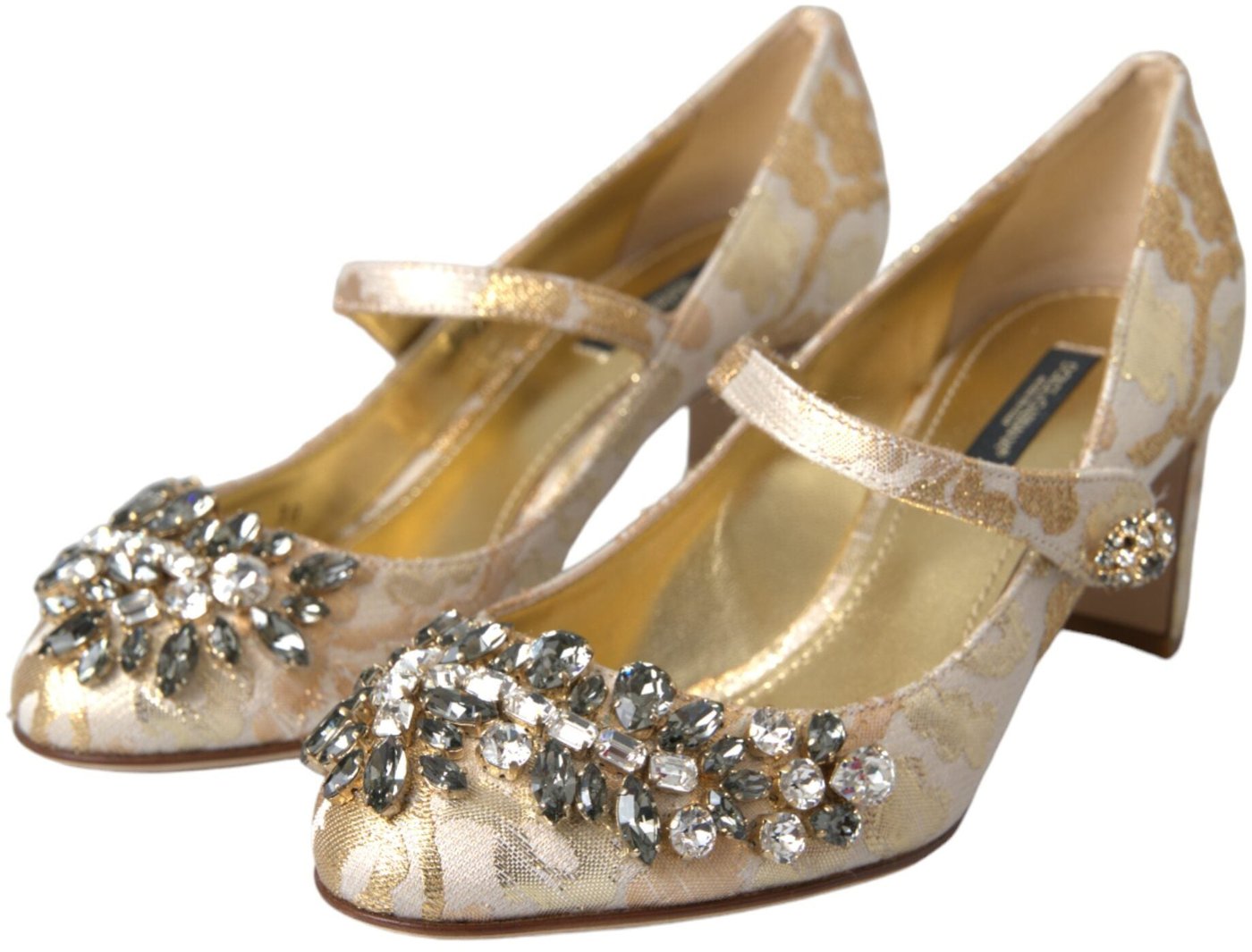 Dolce & Gabbana Gold Jacquard Crystal Mary Janes Pumps Shoes