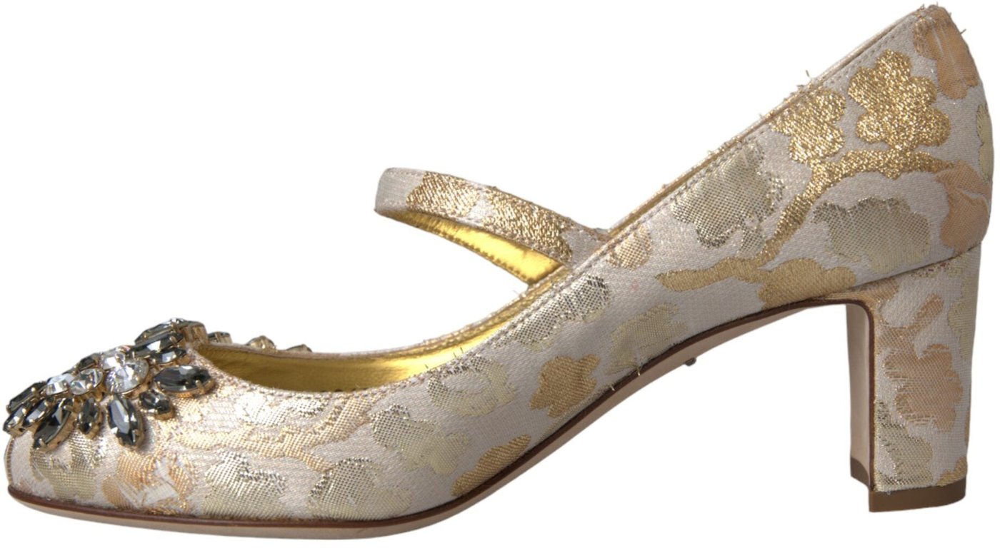 Dolce & Gabbana Gold Jacquard Crystal Mary Janes Pumps Shoes