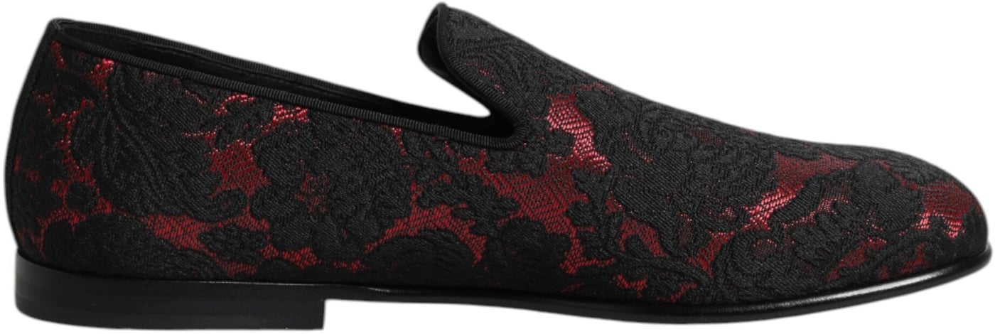 Dolce & Gabbana Red Black Jacquard Slip On Loafers Shoes