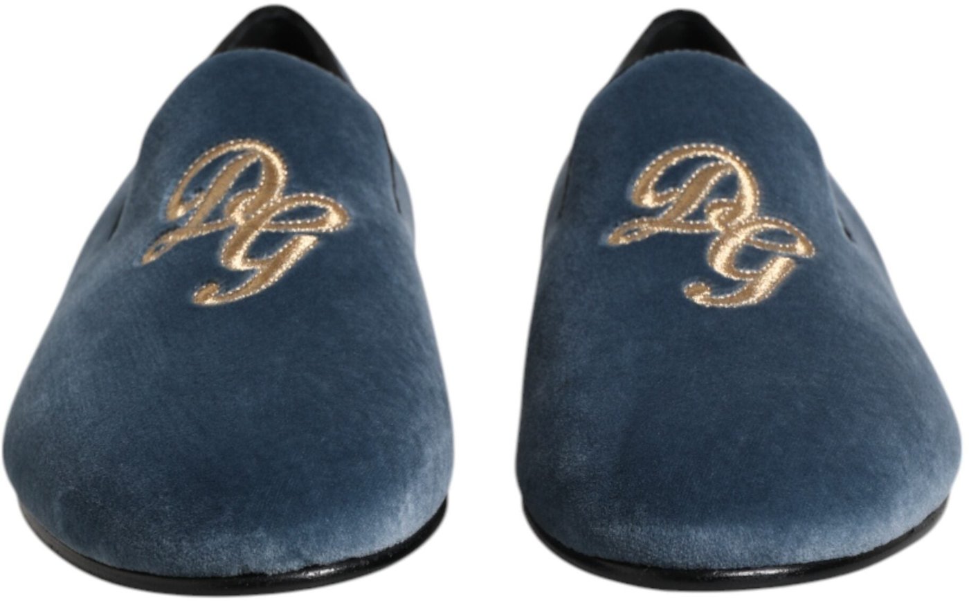 Dolce & Gabbana Blue Velvet DG Logo Loafers Formal Shoes