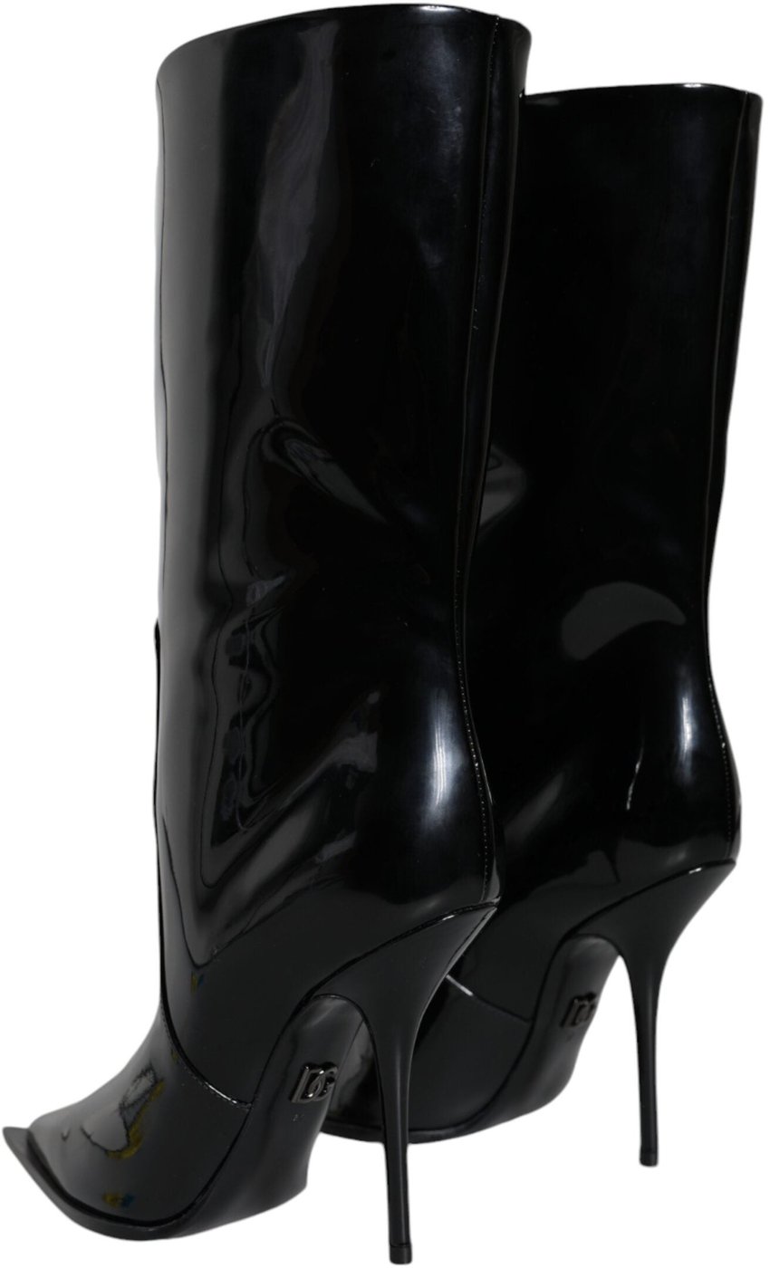 Dolce & Gabbana Black Patent Leather Mid Calf Boots Shoes