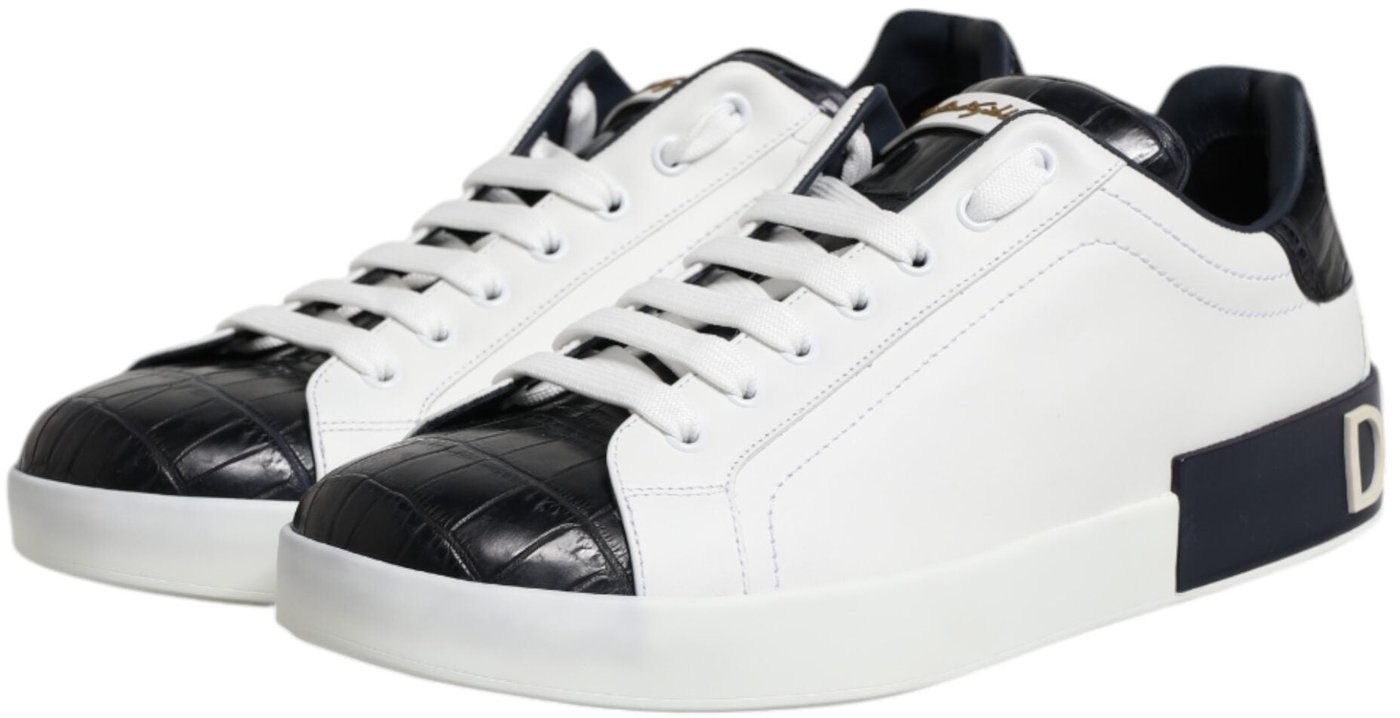 Dolce & Gabbana White Black Leather Portofino Sneaker Shoes