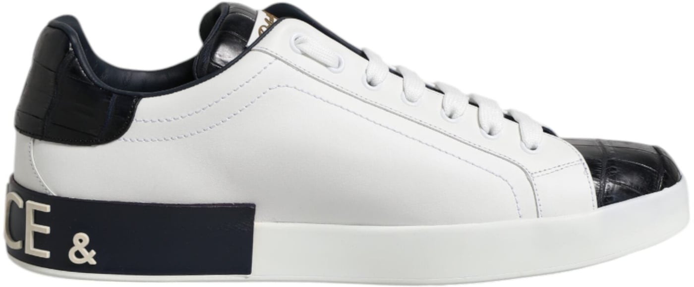 Dolce & Gabbana White Black Leather Portofino Sneaker Shoes