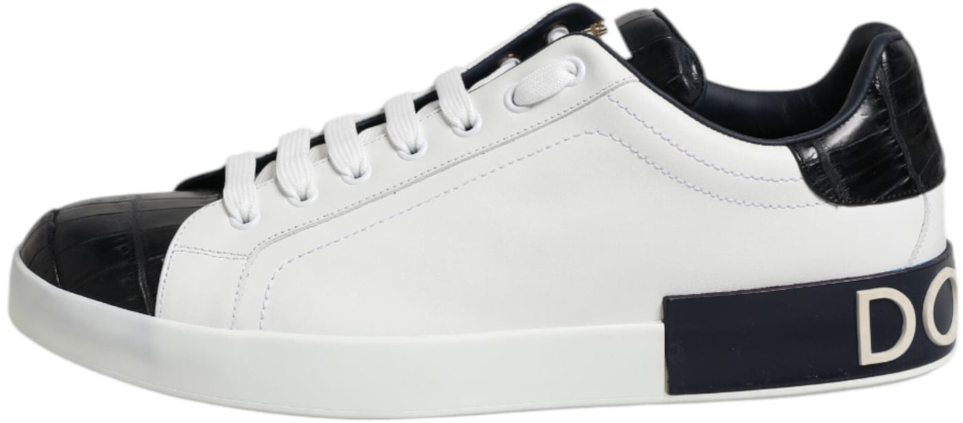 Dolce & Gabbana White Black Leather Portofino Sneaker Shoes