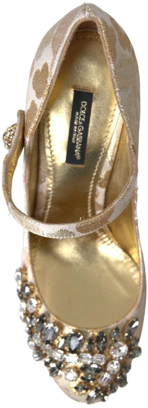 Dolce & Gabbana Gold Jacquard Crystal Mary Janes Pumps Shoes