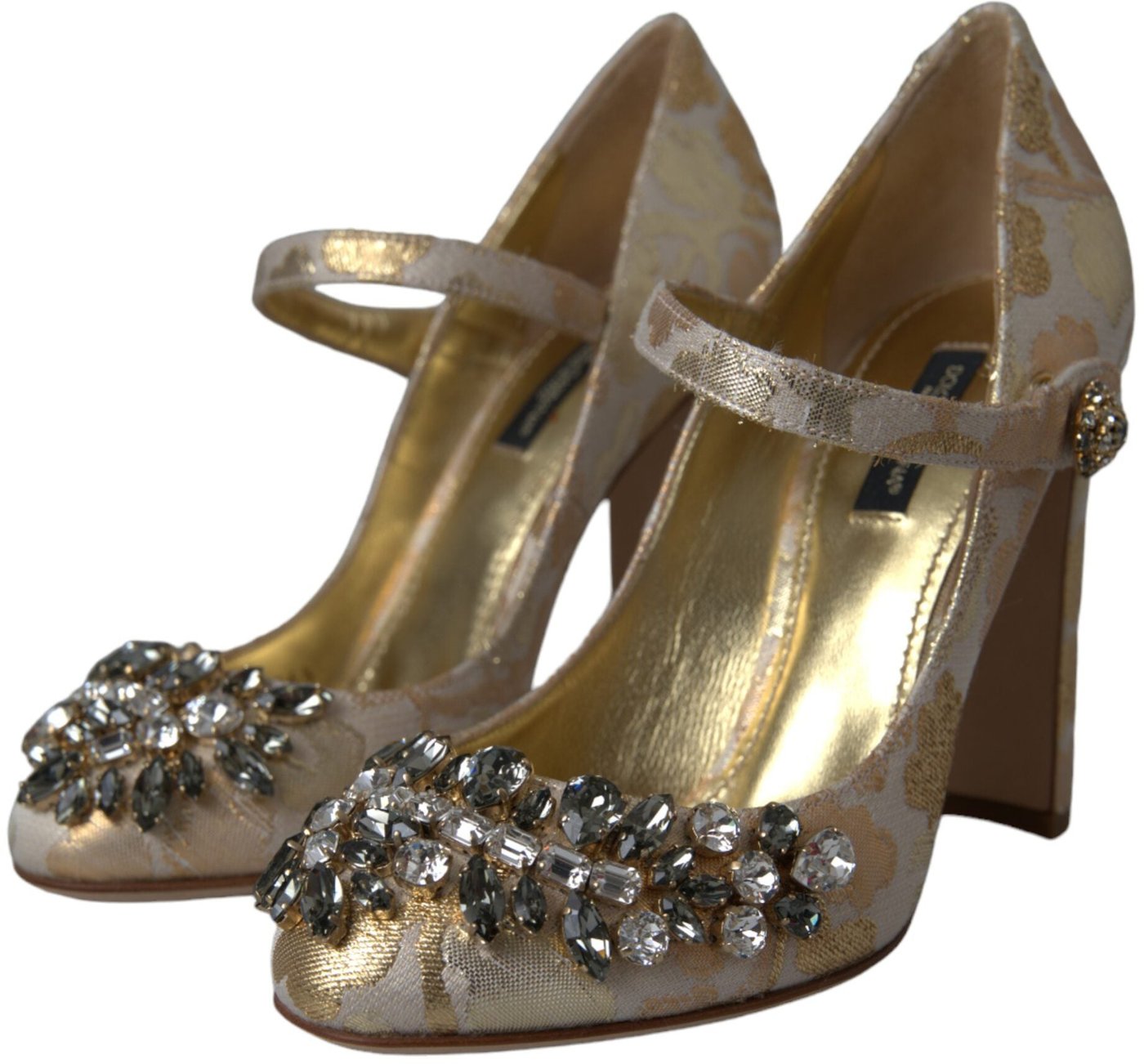 Dolce & Gabbana Gold Jacquard Crystal Mary Janes Pumps Shoes