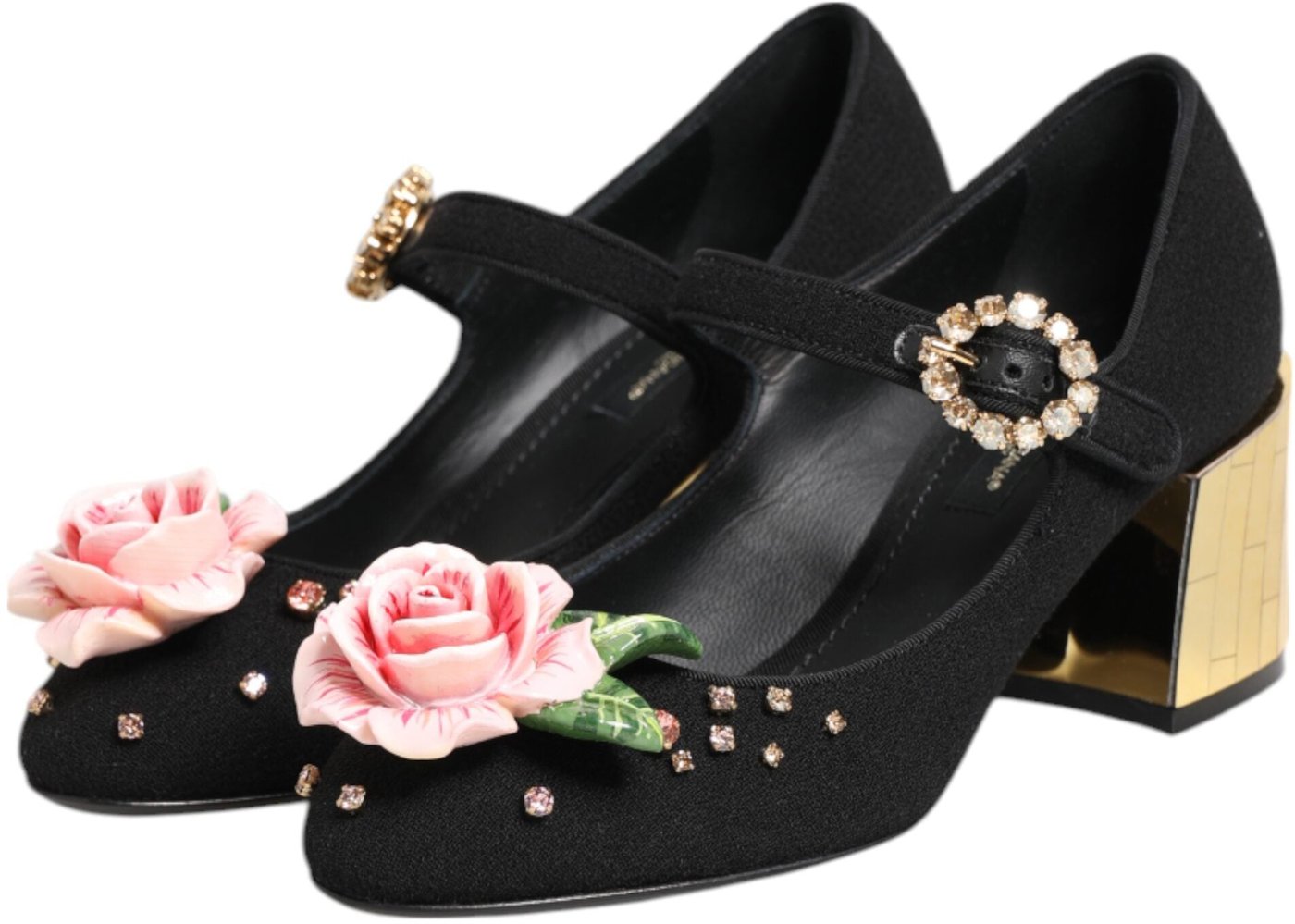 Dolce & Gabbana Black Flower Crystal Embellished Mary Jane Shoes