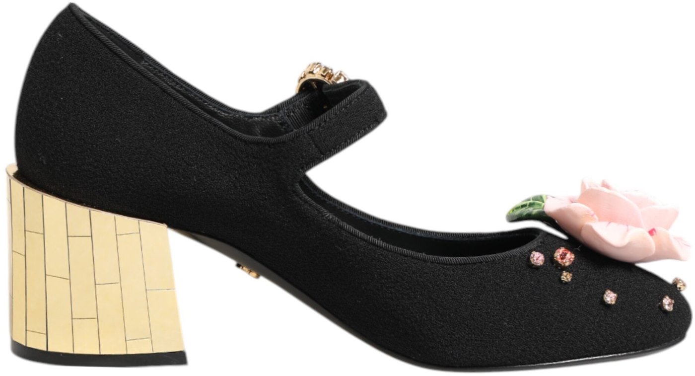 Dolce & Gabbana Black Flower Crystal Embellished Mary Jane Shoes