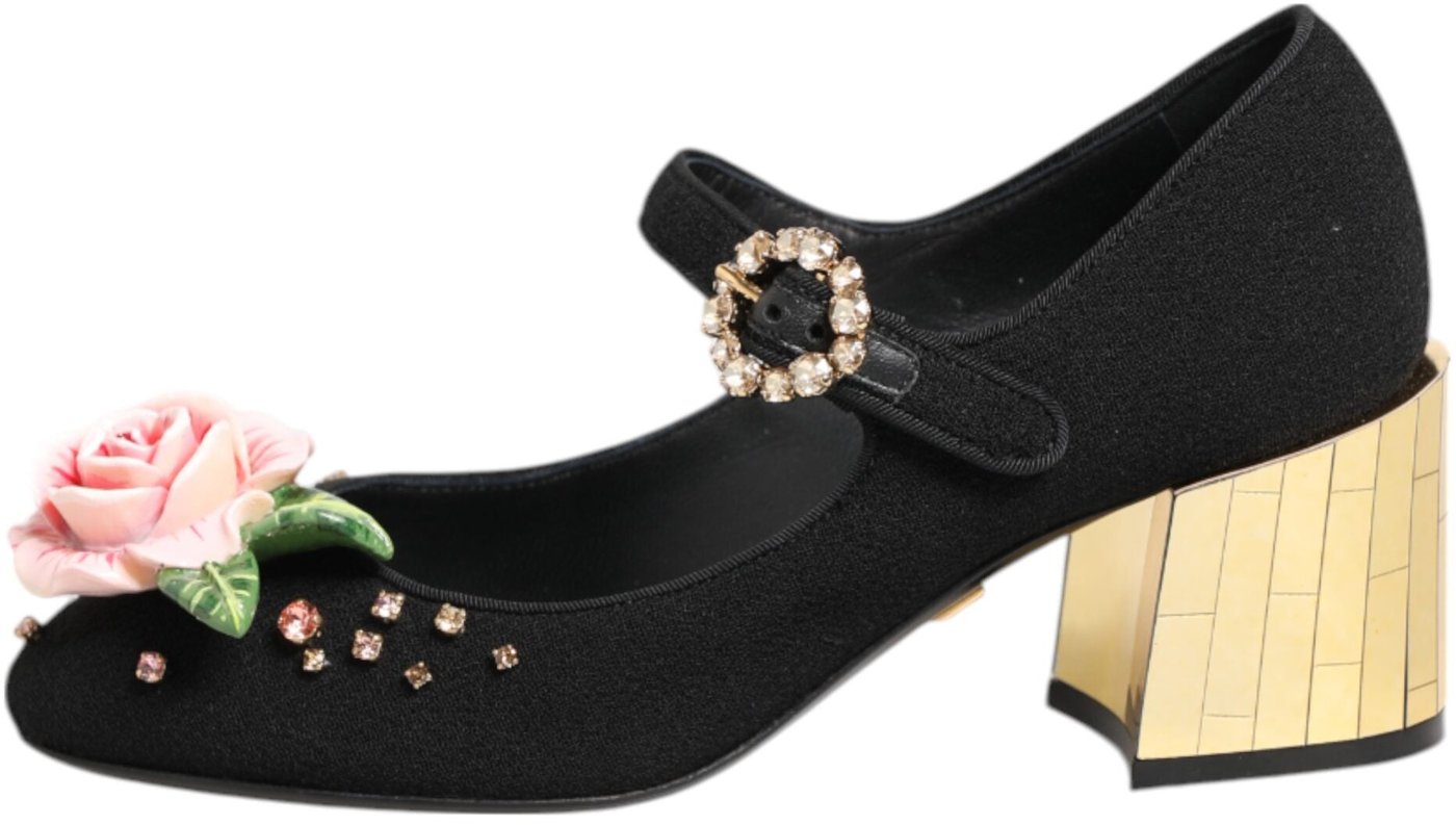 Dolce & Gabbana Black Flower Crystal Embellished Mary Jane Shoes