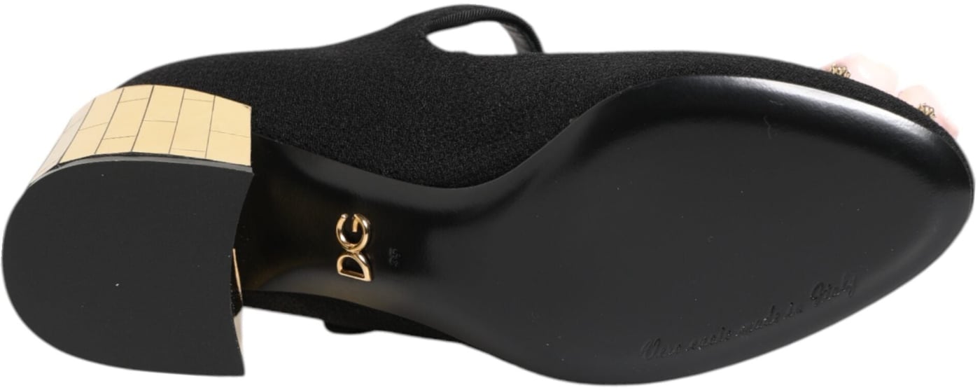 Dolce & Gabbana Black Flower Crystal Embellished Mary Jane Shoes