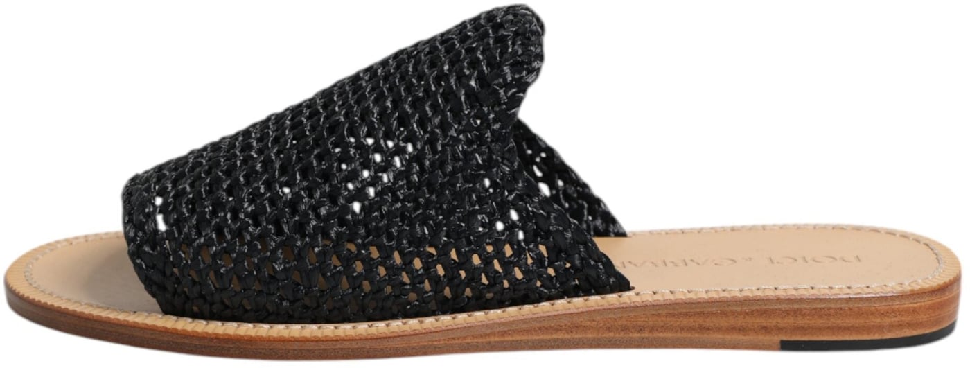 Dolce & Gabbana Black Monochrome Braided Raffia Slides Shoes