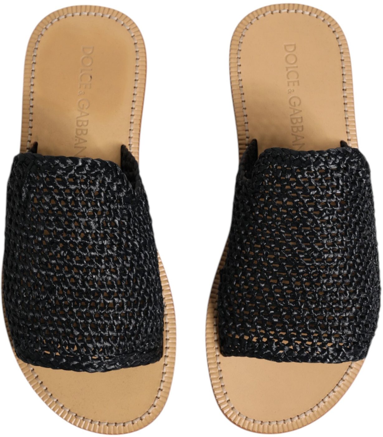 Dolce & Gabbana Black Monochrome Braided Raffia Slides Shoes