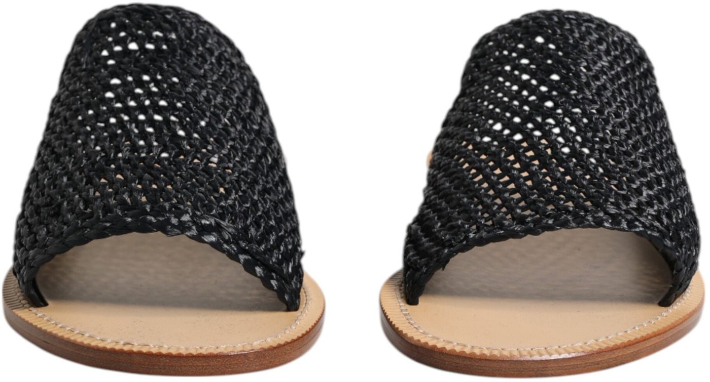 Dolce & Gabbana Black Monochrome Braided Raffia Slides Shoes