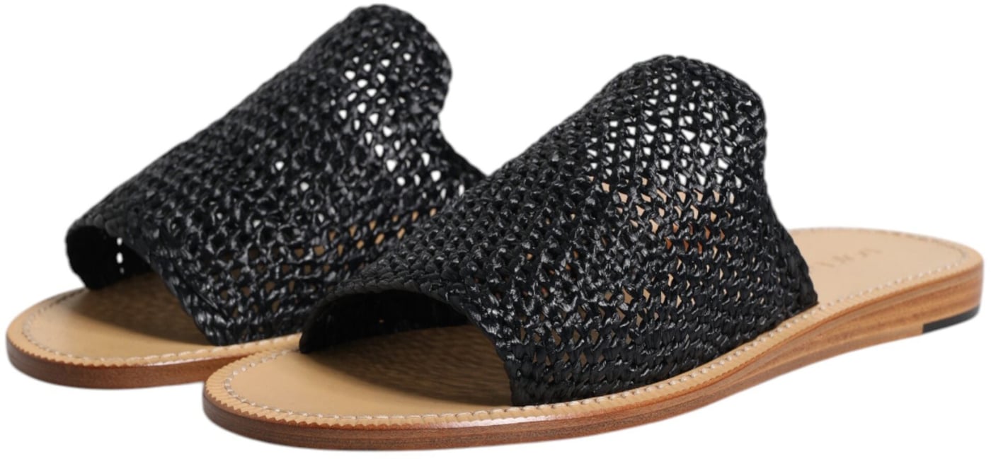 Dolce & Gabbana Black Monochrome Braided Raffia Slides Shoes