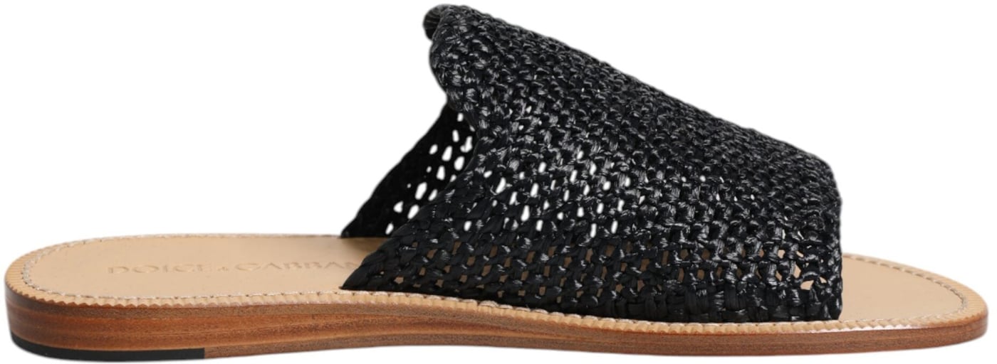 Dolce & Gabbana Black Monochrome Braided Raffia Slides Shoes