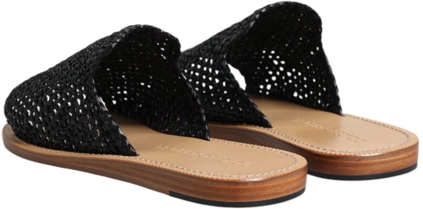 Dolce & Gabbana Black Monochrome Braided Raffia Slides Shoes