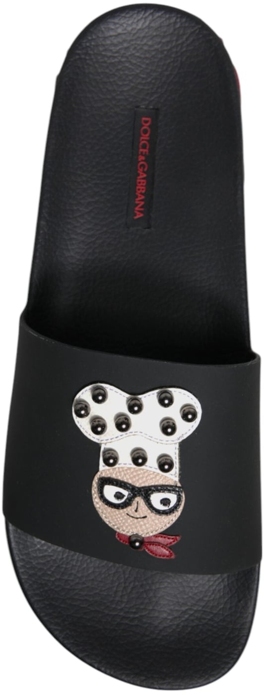 Dolce & Gabbana Black Leather Slides Sandals Beachwear Shoes