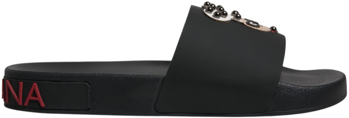 Dolce & Gabbana Black Leather Slides Sandals Beachwear Shoes