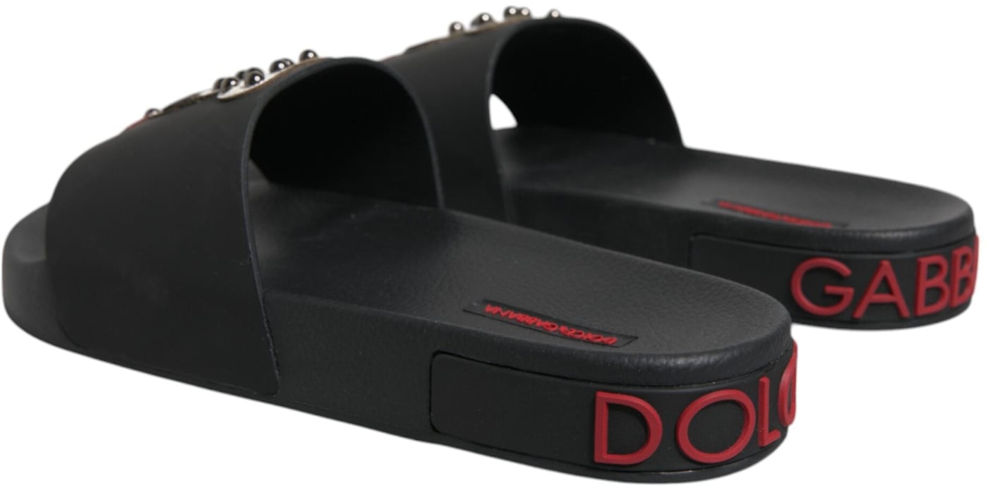 Dolce & Gabbana Black Leather Slides Sandals Beachwear Shoes