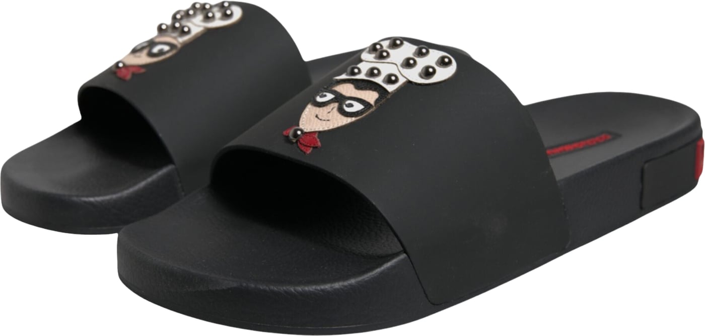 Dolce & Gabbana Black Leather Slides Sandals Beachwear Shoes