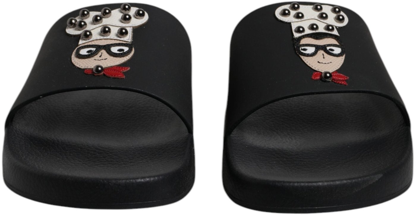 Dolce & Gabbana Black Leather Slides Sandals Beachwear Shoes