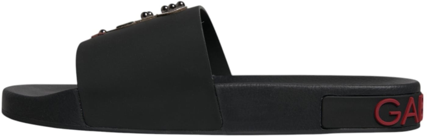 Dolce & Gabbana Black Leather Slides Sandals Beachwear Shoes