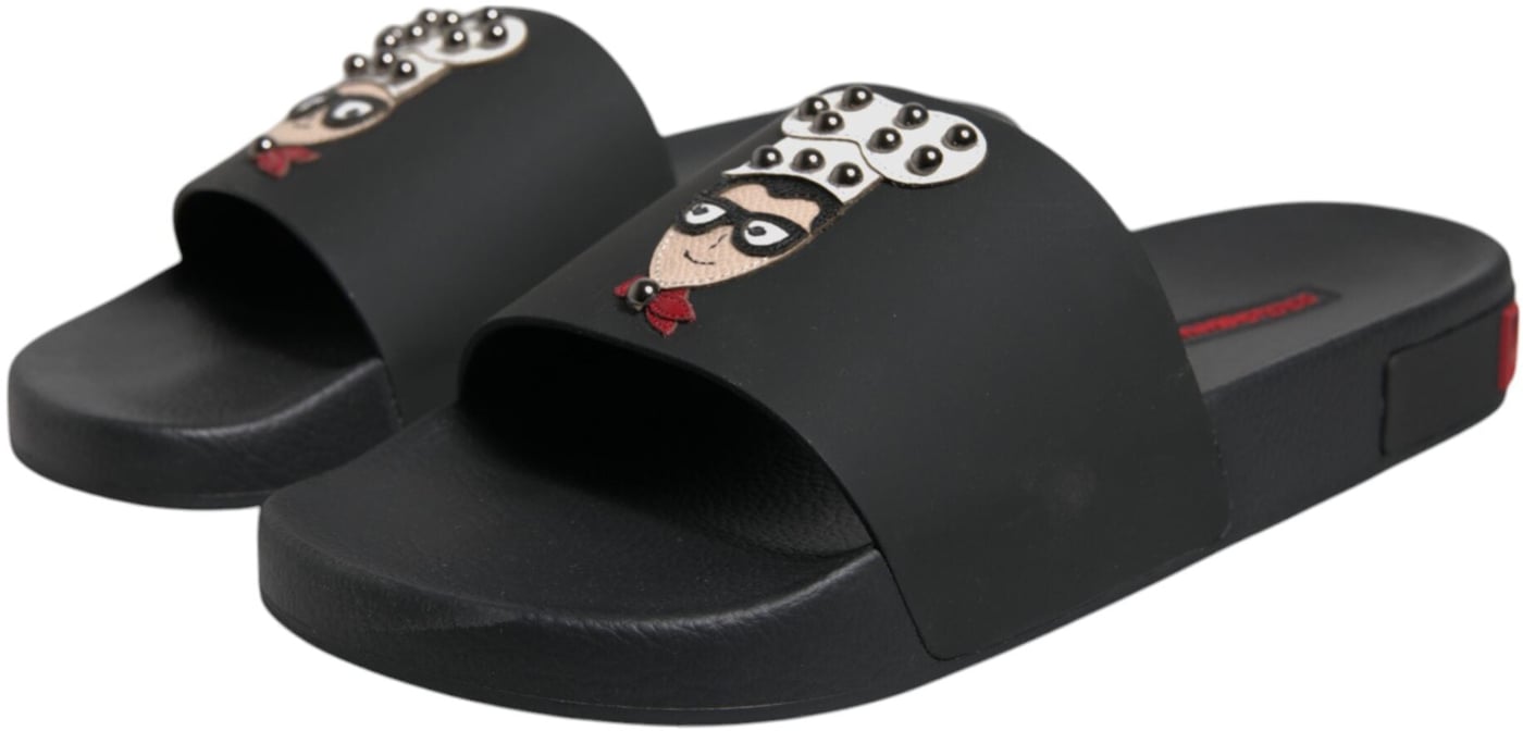 Dolce & Gabbana Black Leather Slides Sandals Beachwear Shoes
