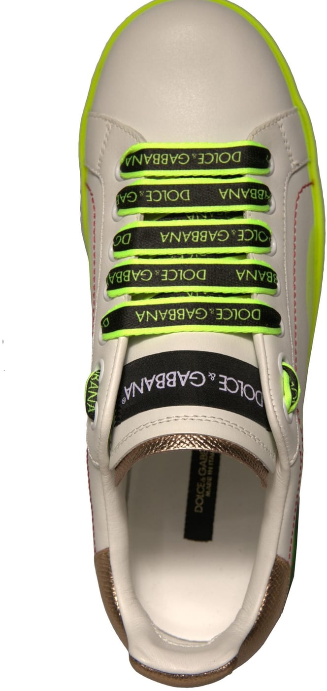 Dolce & Gabbana White Yellow Portofino Leather Sneakers Shoes