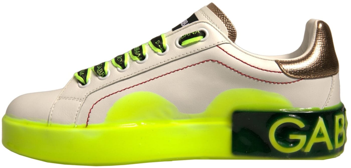 Dolce & Gabbana White Yellow Portofino Leather Sneakers Shoes