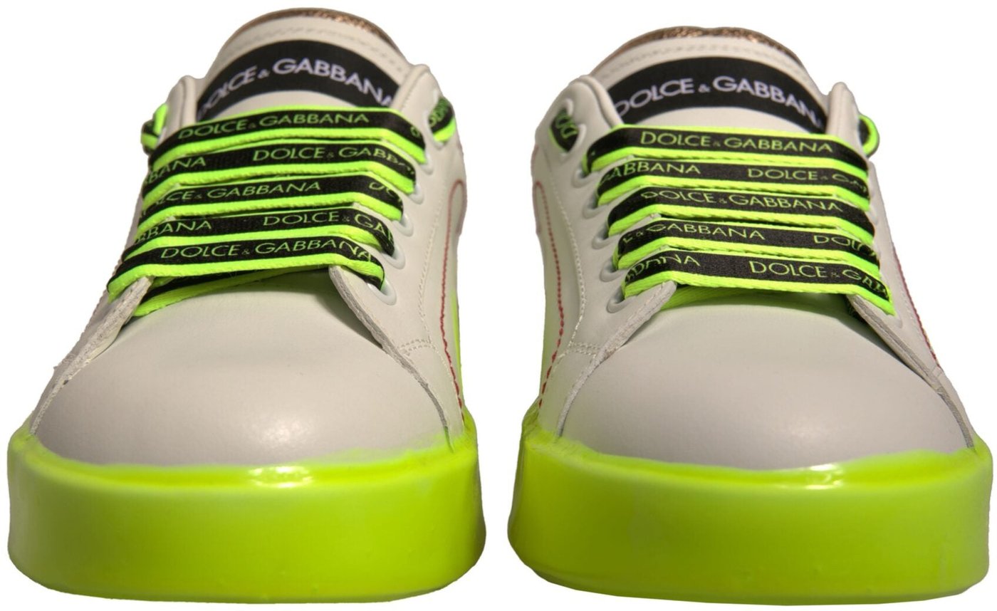 Dolce & Gabbana White Yellow Portofino Leather Sneakers Shoes
