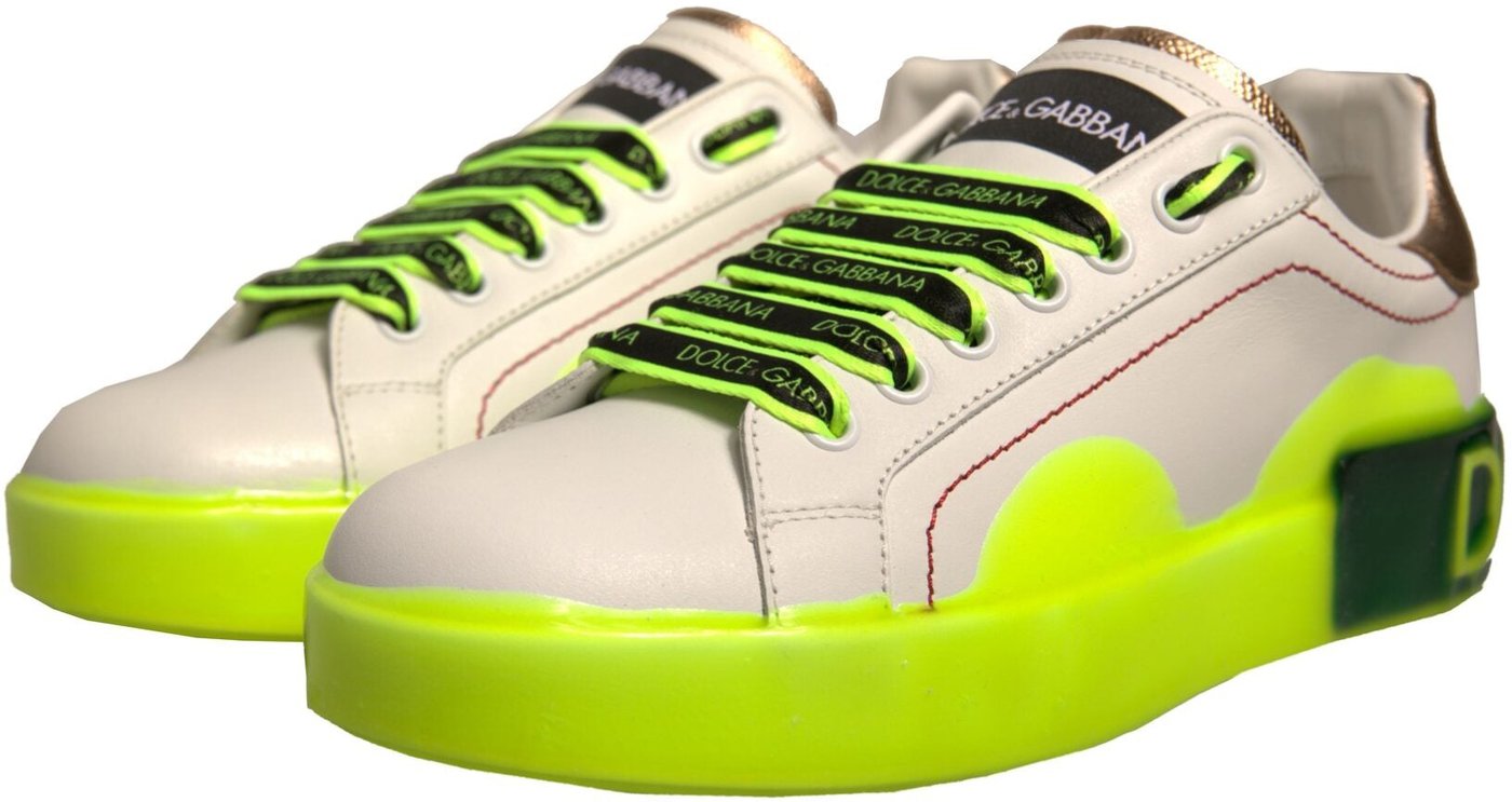 Dolce & Gabbana White Yellow Portofino Leather Sneakers Shoes