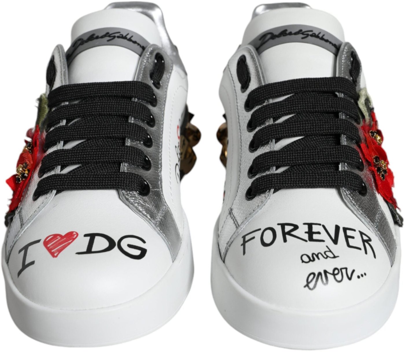 Dolce & Gabbana White Leather Floral Studded Sneakers Shoes
