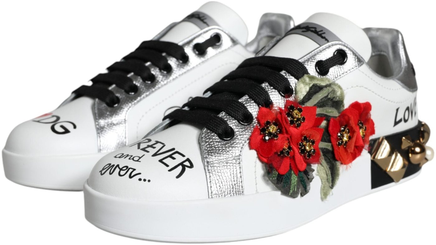 Dolce & Gabbana White Leather Floral Studded Sneakers Shoes