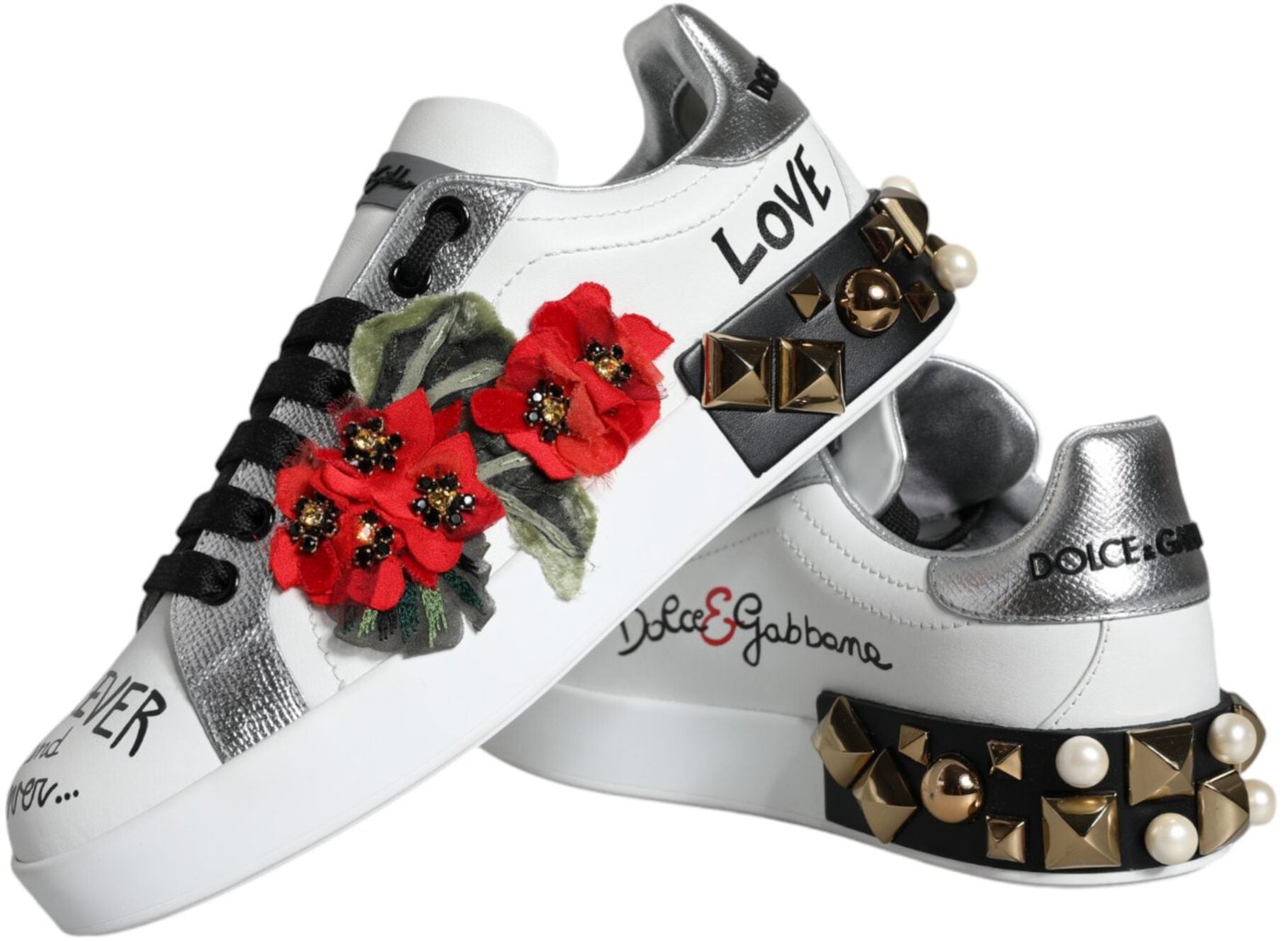 Dolce & Gabbana White Leather Floral Studded Sneakers Shoes