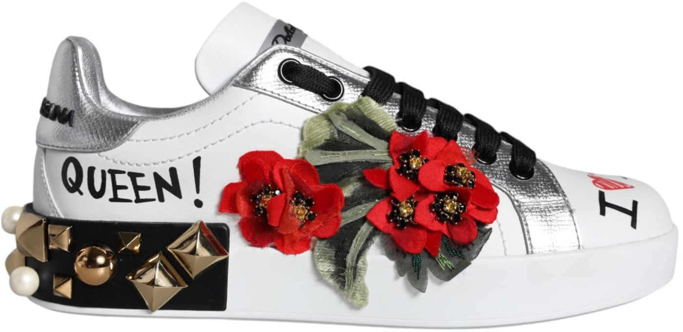 Dolce & Gabbana White Leather Floral Studded Sneakers Shoes