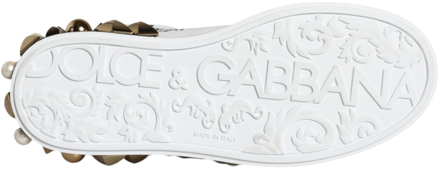 Dolce & Gabbana White Leather Floral Studded Sneakers Shoes