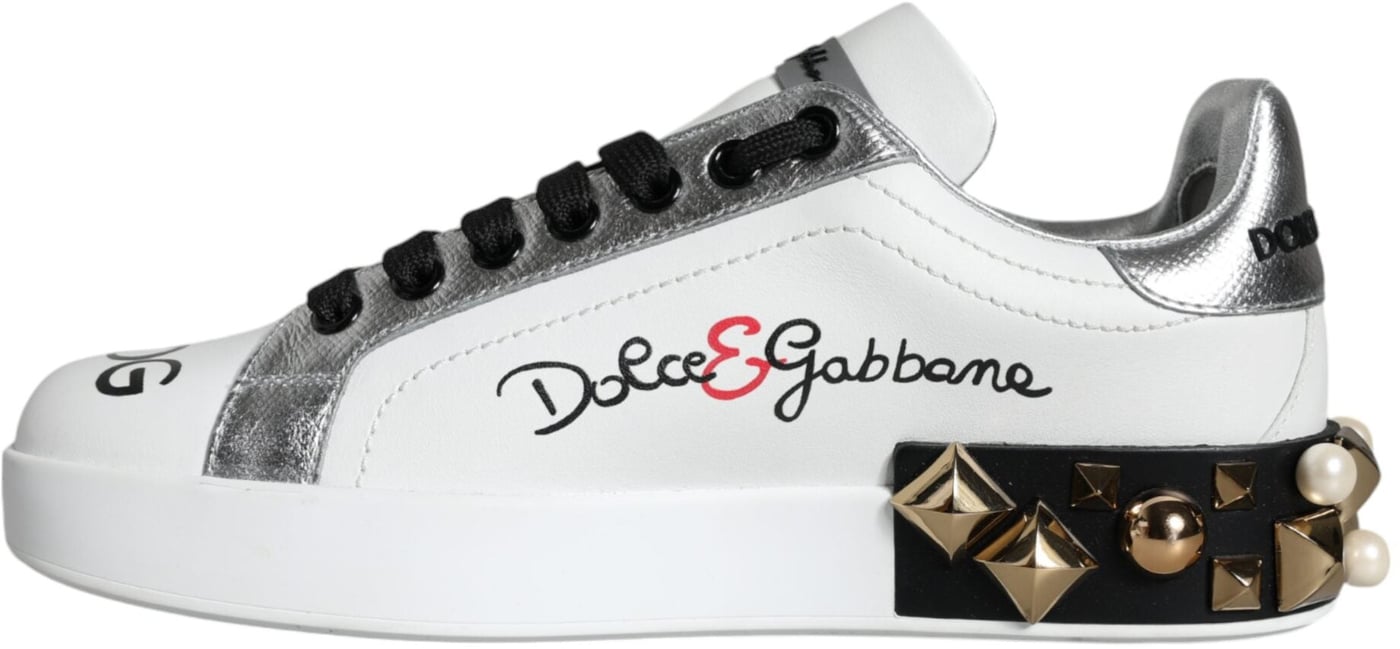 Dolce & Gabbana White Leather Floral Studded Sneakers Shoes