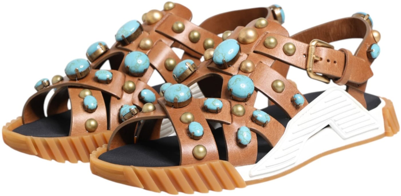 Dolce & Gabbana Brown Leather Studded Slides Sandals Shoes