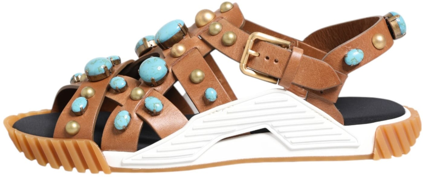 Dolce & Gabbana Brown Leather Studded Slides Sandals Shoes