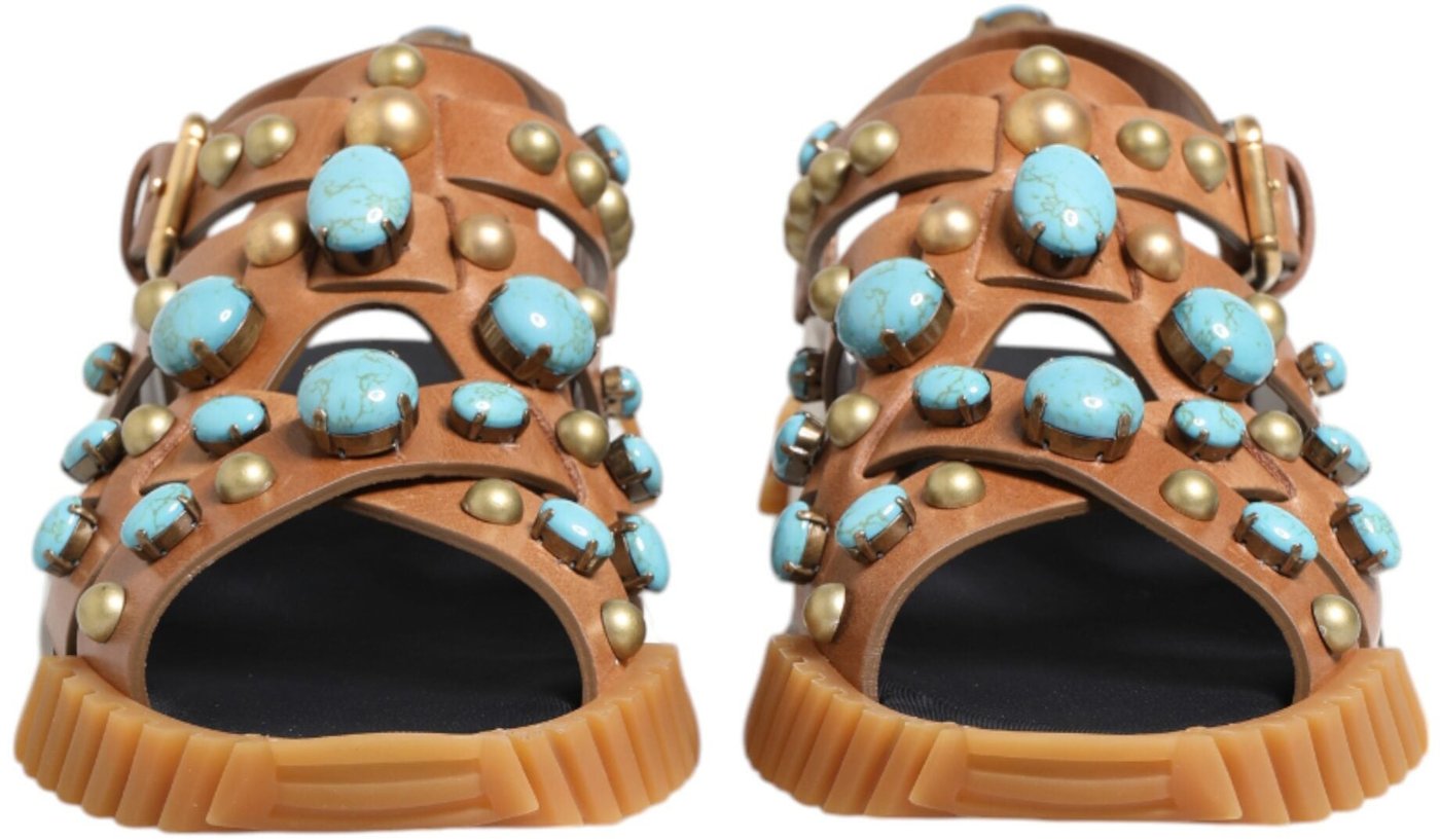 Dolce & Gabbana Brown Leather Studded Slides Sandals Shoes