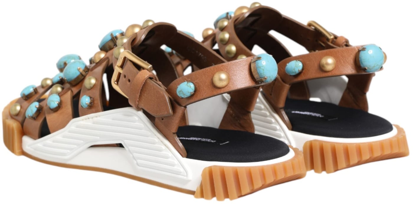 Dolce & Gabbana Brown Leather Studded Slides Sandals Shoes