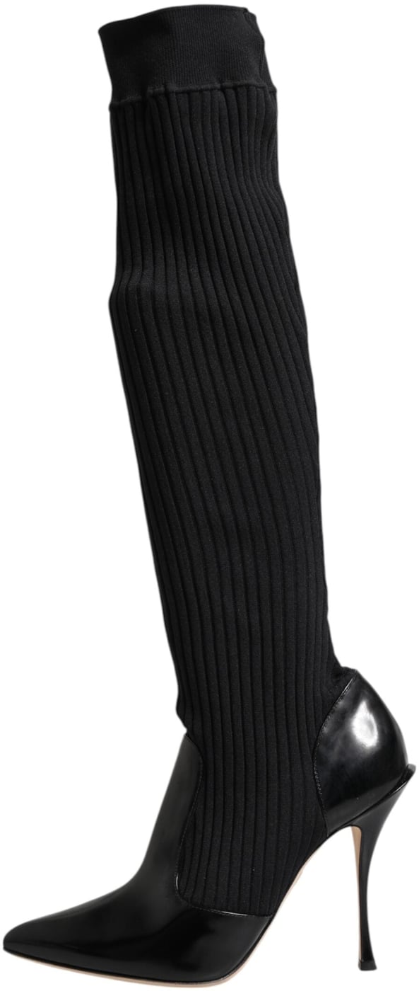 Dolce & Gabbana Black Leather Ribbed Knit Knee Boots Shoes