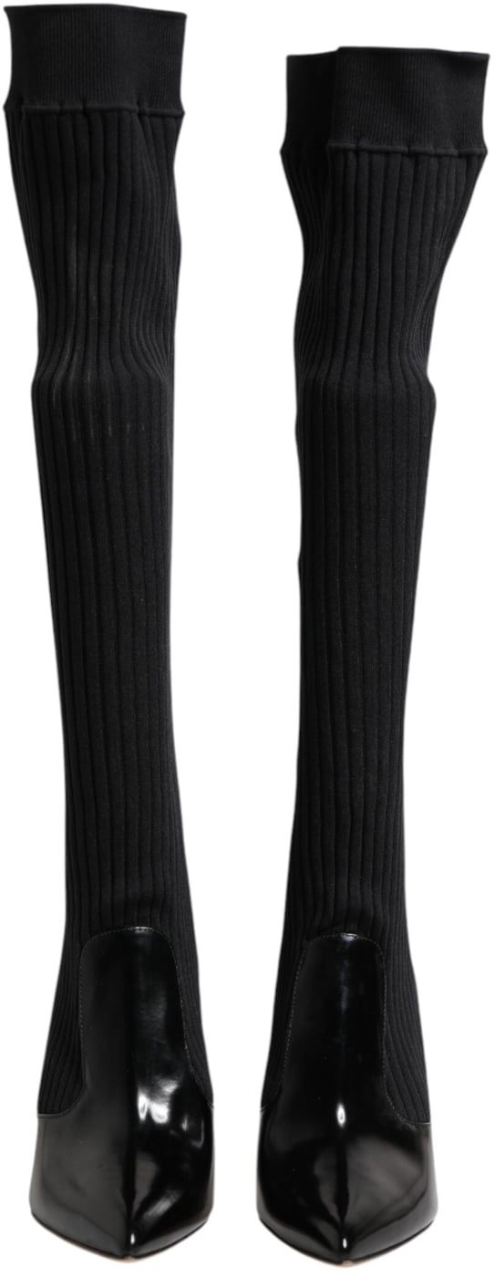 Dolce & Gabbana Black Leather Ribbed Knit Knee Boots Shoes