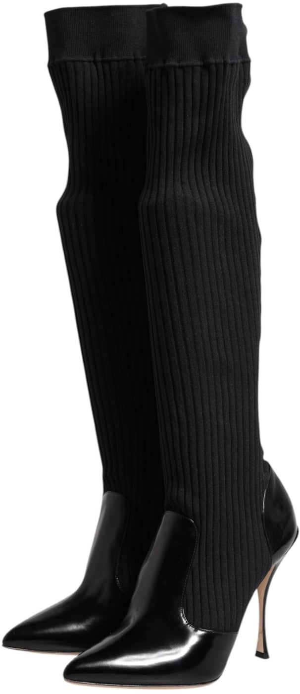 Dolce & Gabbana Black Leather Ribbed Knit Knee Boots Shoes