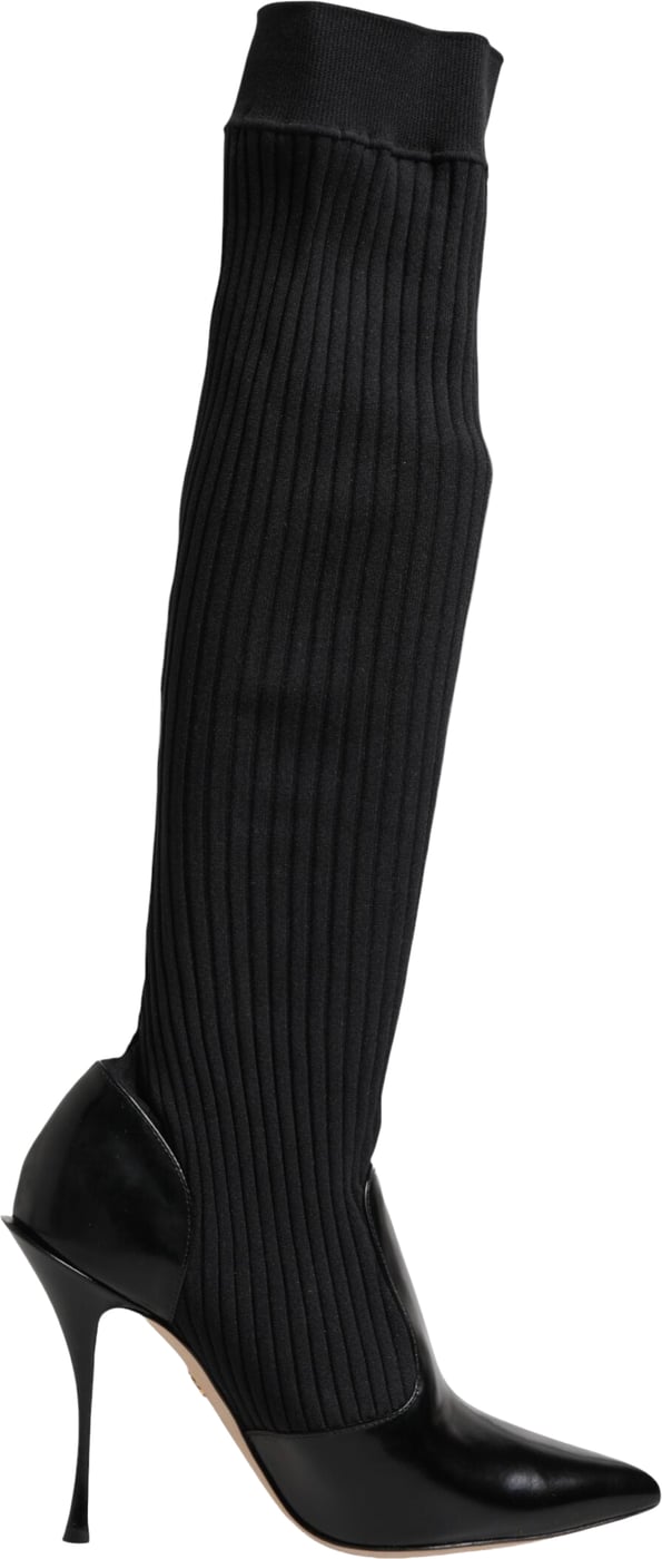Dolce & Gabbana Black Leather Ribbed Knit Knee Boots Shoes