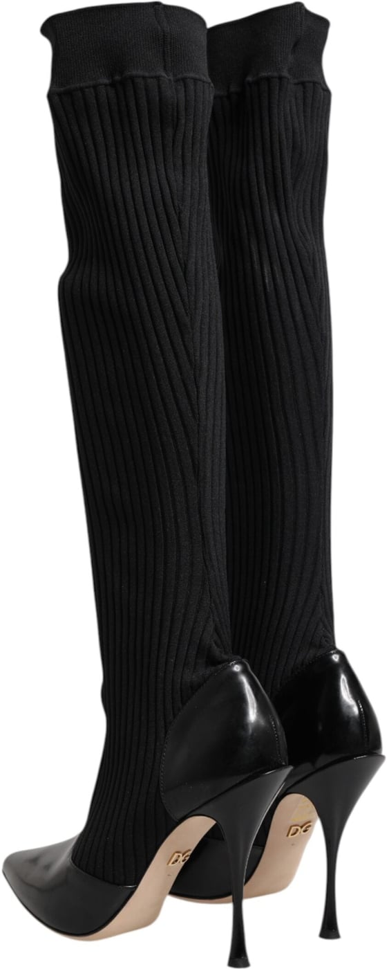 Dolce & Gabbana Black Leather Ribbed Knit Knee Boots Shoes