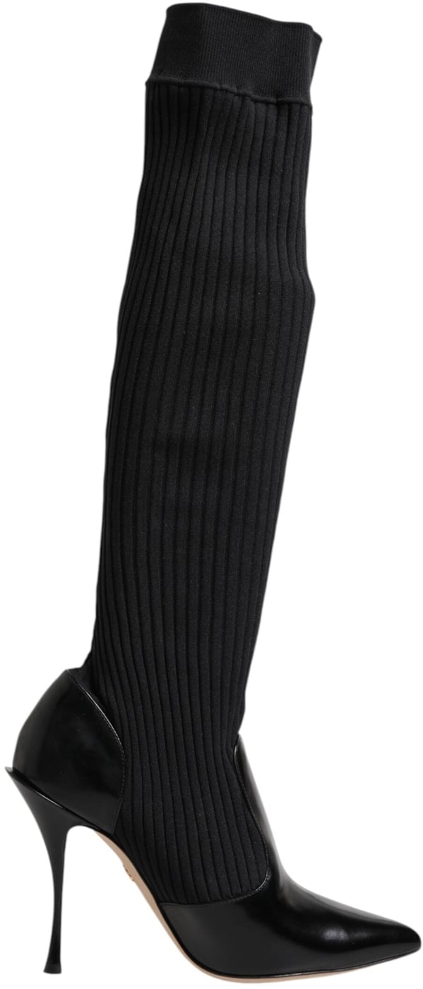 Dolce & Gabbana Black Leather Ribbed Knit Knee Boots Shoes