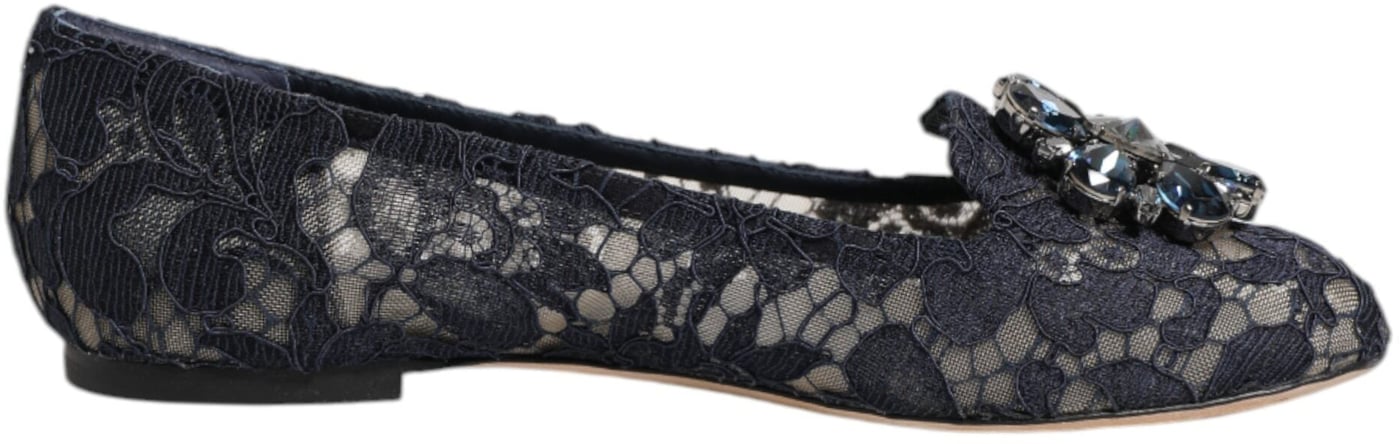 Dolce & Gabbana Blue Taormina Lace Crystals Flats Shoes