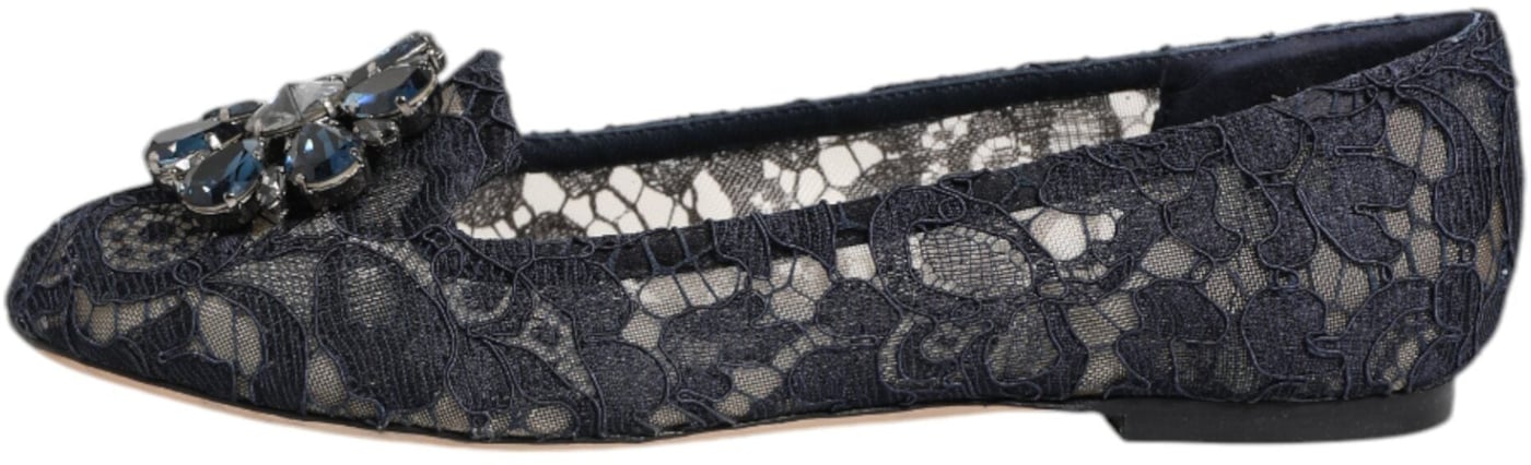 Dolce & Gabbana Blue Taormina Lace Crystals Flats Shoes